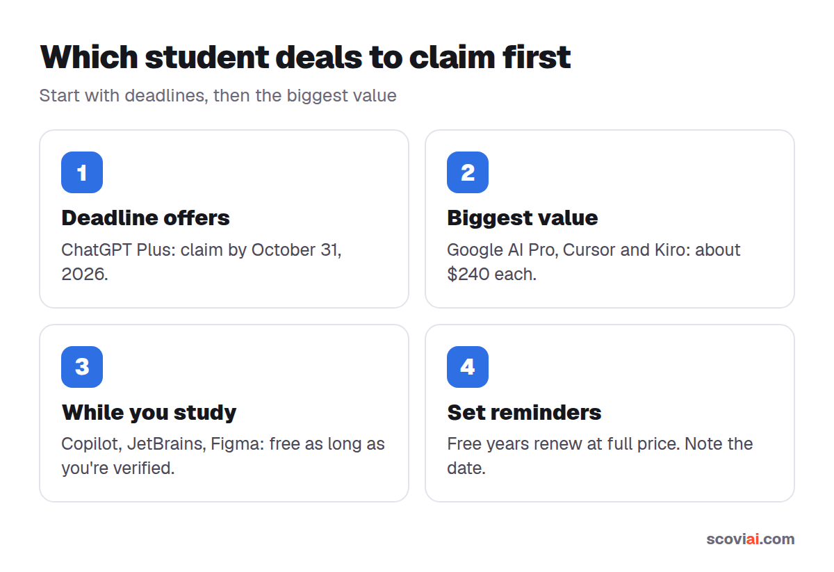 Which AI student deals to claim first: deadlines, biggest value, while you study, reminders