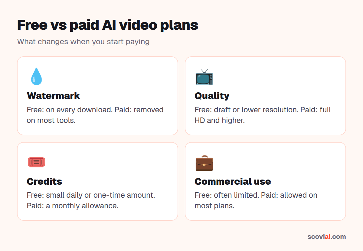 Free vs paid AI video plans: watermark, quality, credits and commercial use