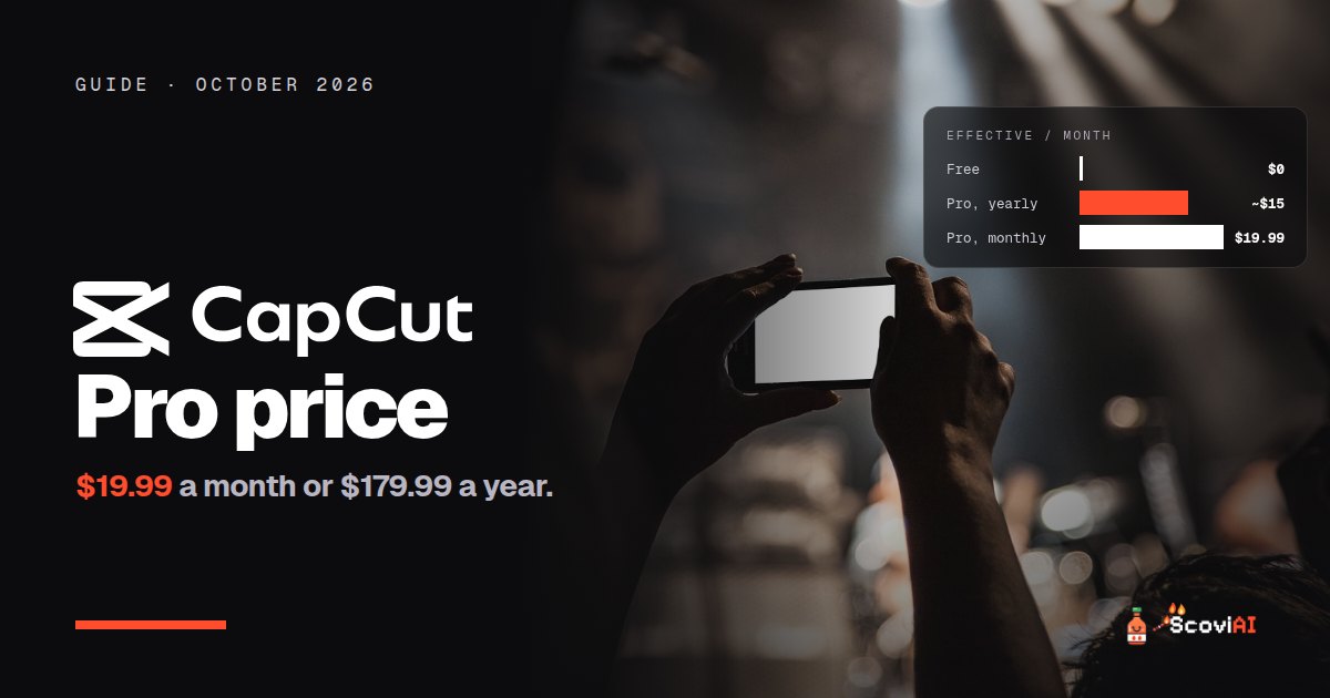 A person filming on a phone, with the CapCut logo and a chart of CapCut Pro prices