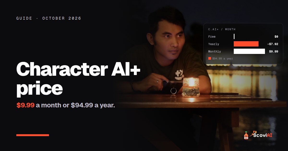 A man looking at his phone at night, with a chart of Character AI Plus prices