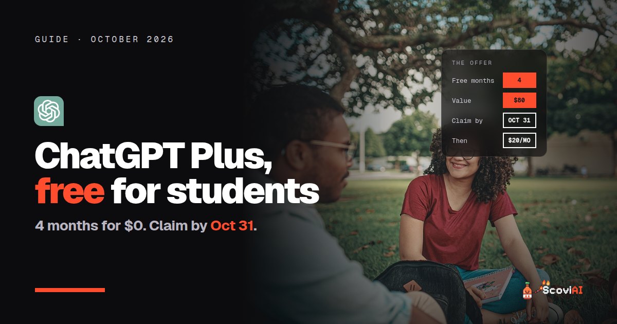 A smiling student on a campus lawn, with the ChatGPT logo and the free ChatGPT Plus student offer