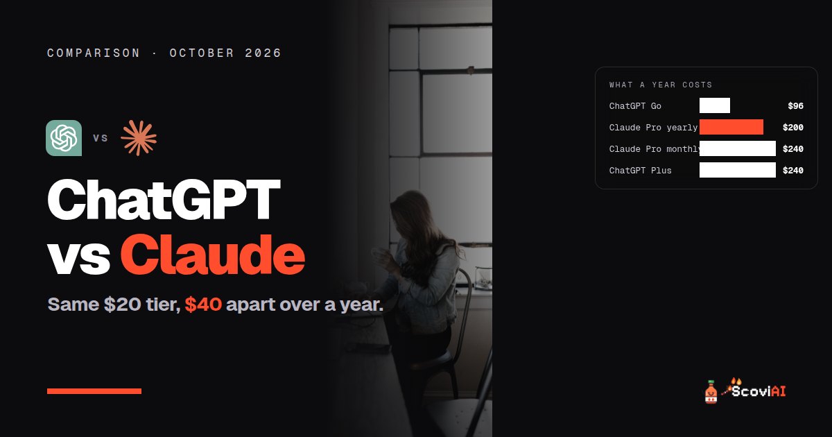 A woman working on a laptop by a window, with the ChatGPT and Claude logos and a chart of what a year of each plan costs