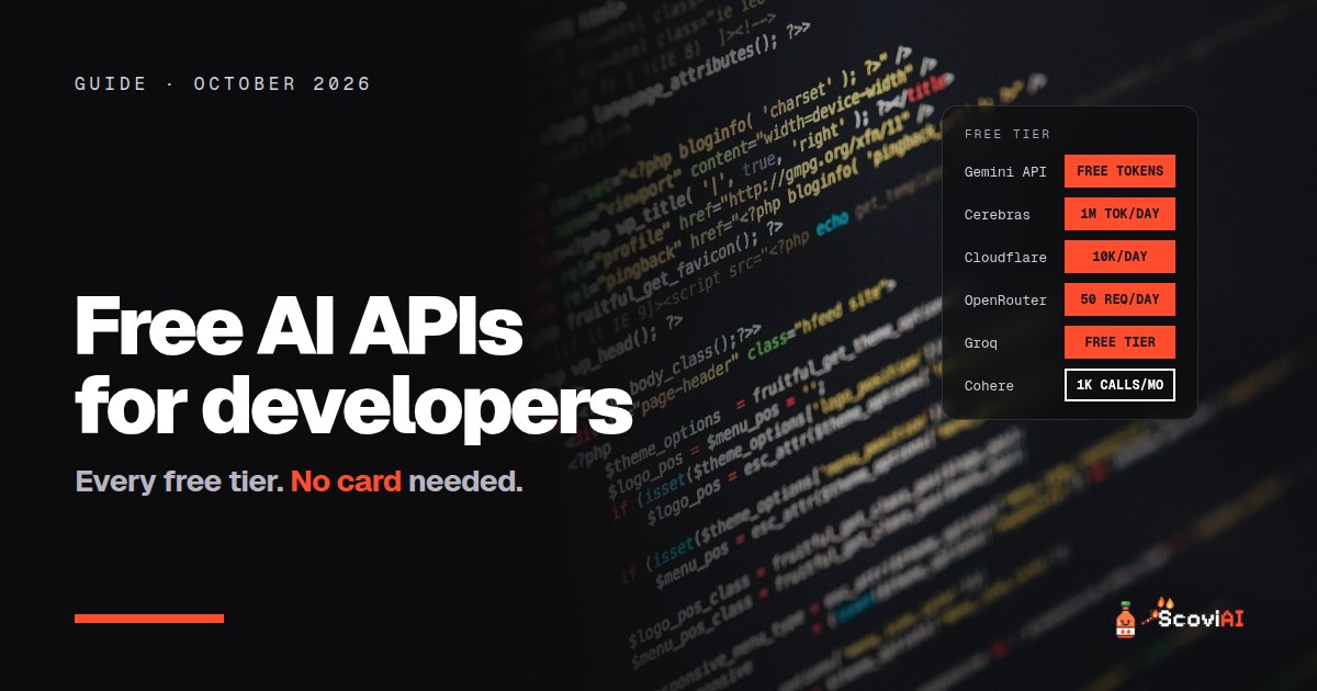 Code on a screen, with a list of free AI API tiers for developers
