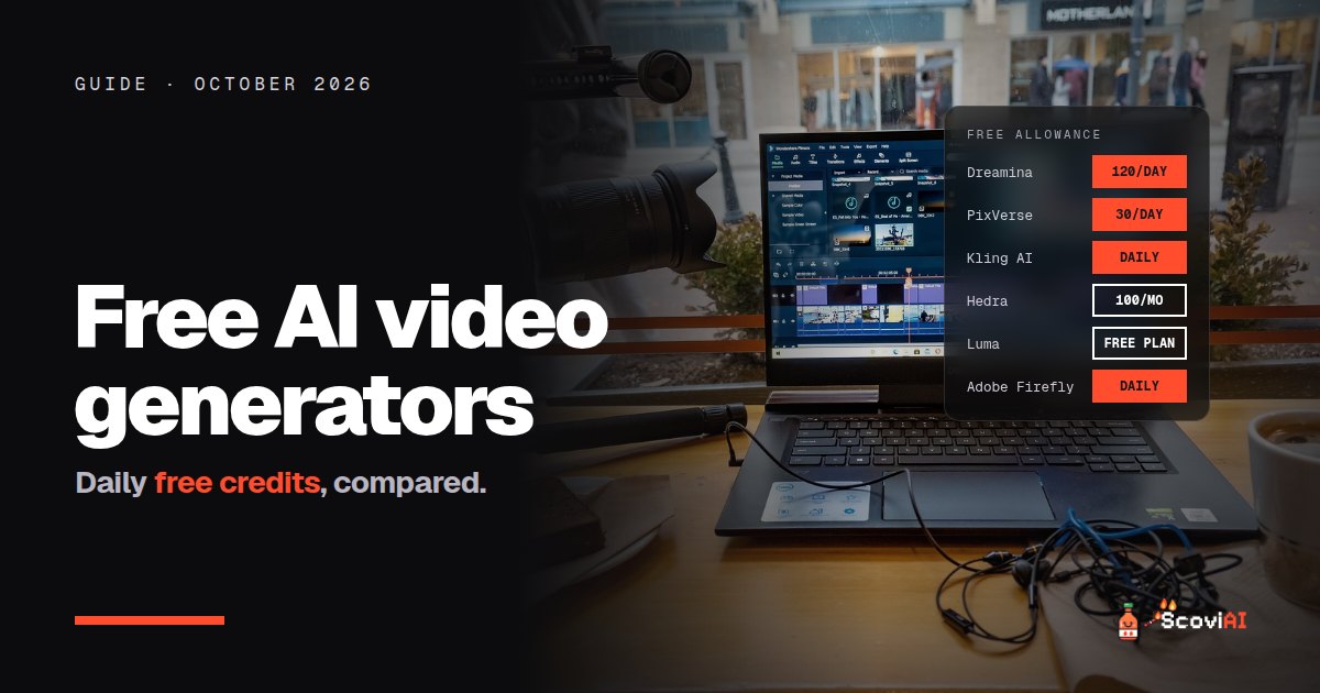 A camera and laptop video editing setup, with a list of free daily credits in AI video generators