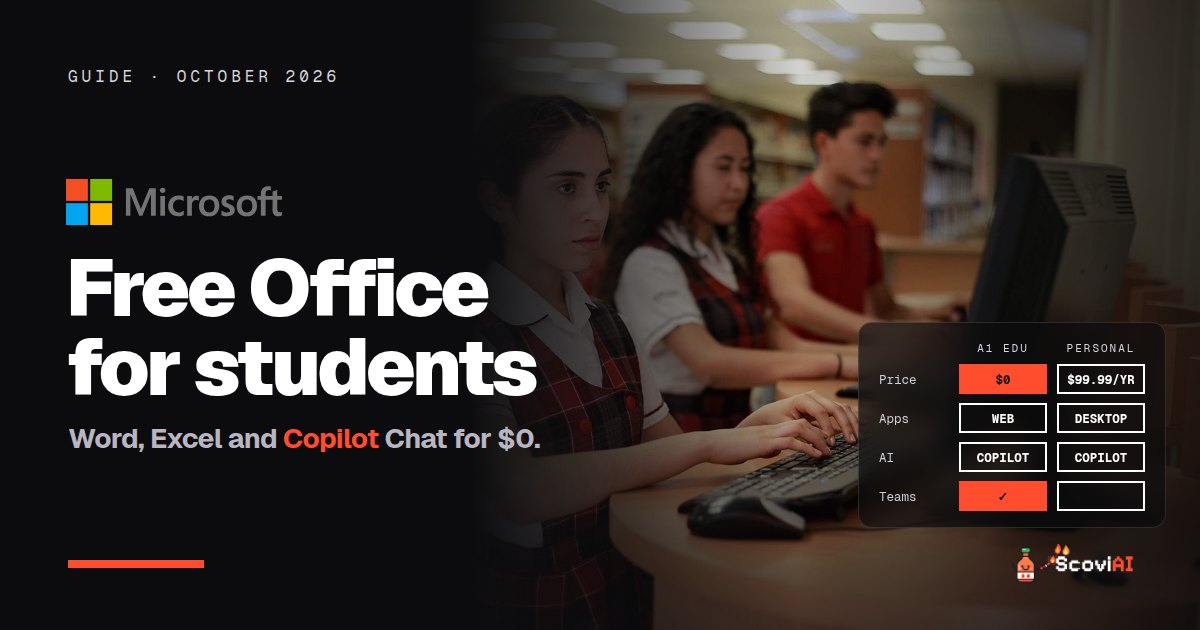 Students working at school computers, with the Microsoft logo and a table of free Office for students