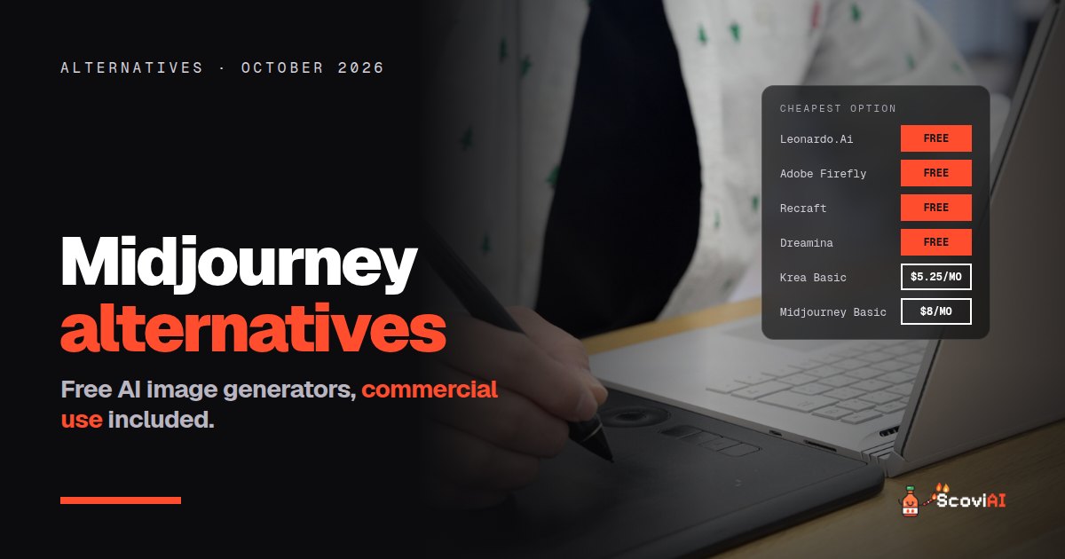 A designer drawing on a graphics tablet, with a card listing free and cheap Midjourney alternatives